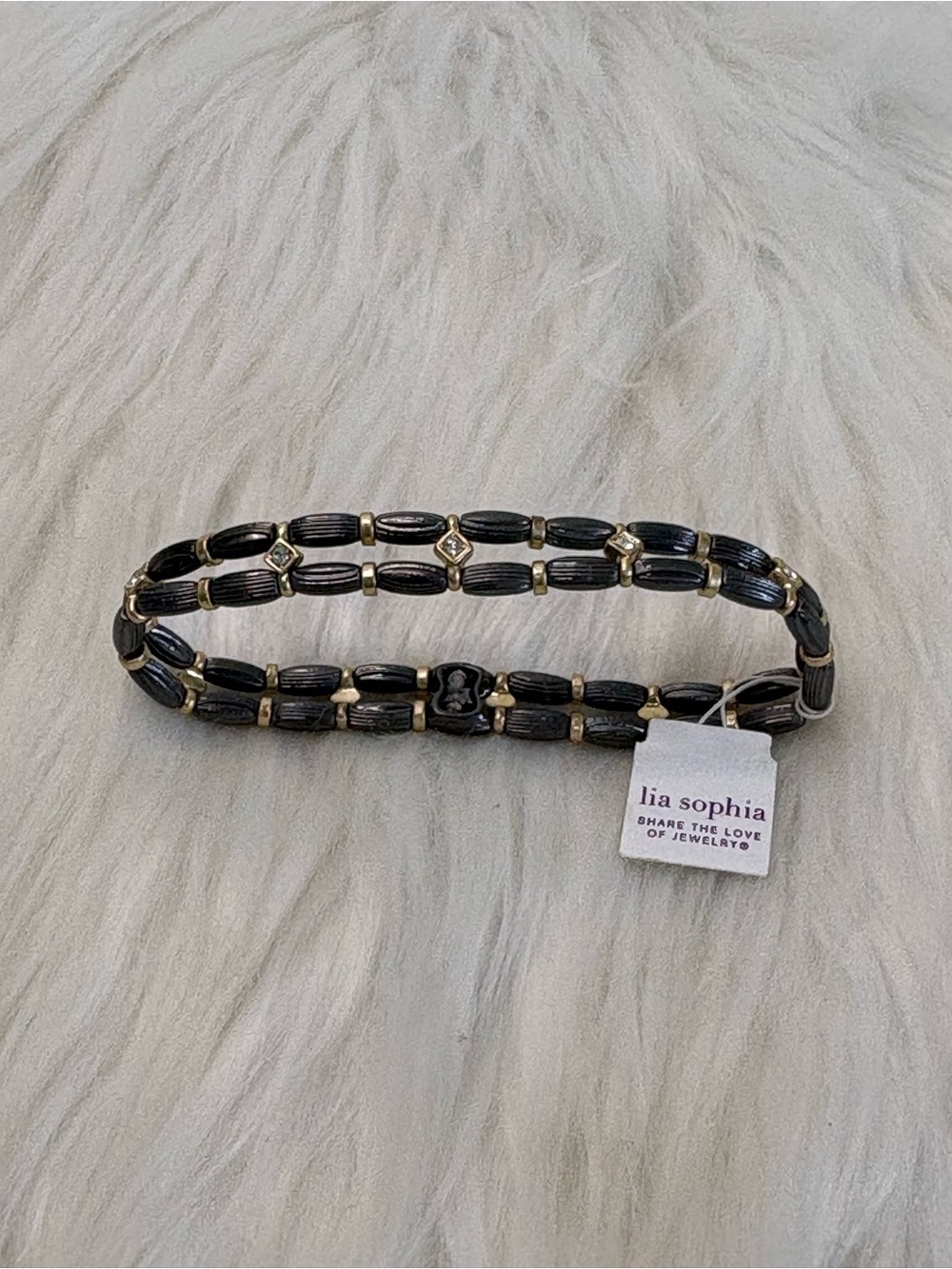 (255)Lia Sophia Woodland Gun Metal and Gold Beaded Stretch Bracelet
